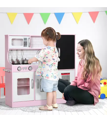 Cocina para Niños de +3 Años con Accesorios para Cocinar Pizarra Máquina de Hielo y Teléfono 83,8x26,8x81 cm Rosa