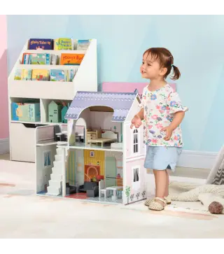 Casa de Muñecas con Muebles y Accesorios con Balcón 2 Pisos Juguete para Niños y Niñas a Partir de 3 Años Multicolor