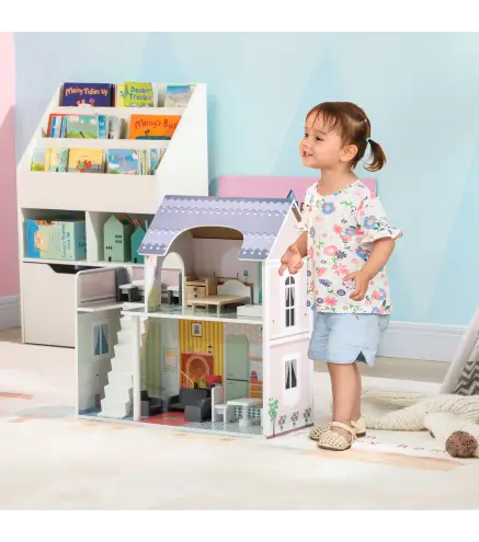 Casa de Muñecas con Muebles y Accesorios con Balcón 2 Pisos Juguete para Niños y Niñas a Partir de 3 Años Multicolor