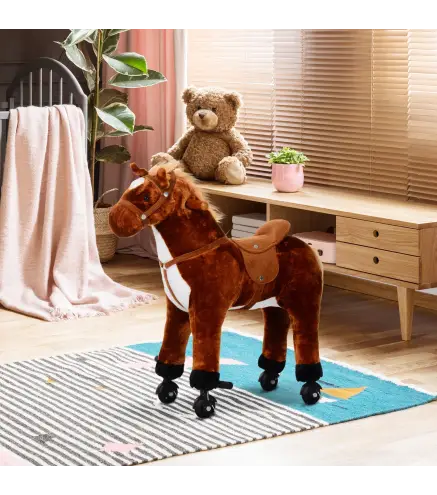 Caballo de Juguete para Niños de +2 Años con Ruedas Sonidos y Estructura de Metal Carga 60kg 65x28x75 cm Marrón