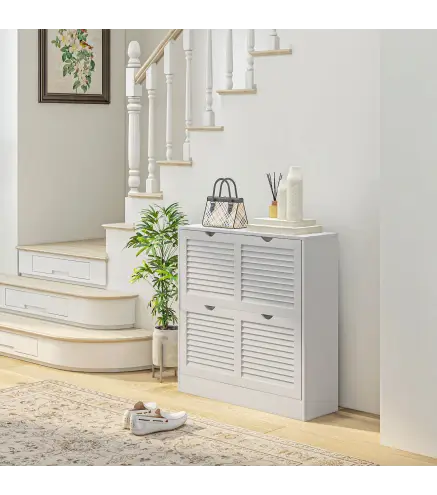 Zapatero de Entrada Recibidor con 2 Cajones Abatibles y Estantes Ajustables para 16 Pares de Zapatos 81,5x25x83cm Blanco