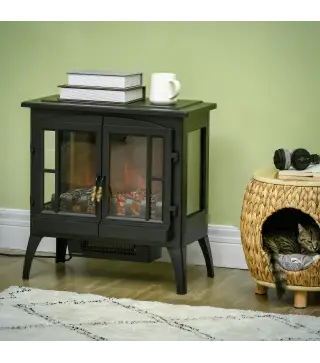Chimenea Decorativa 1000 W/2000 W con Ventanas LED Llamas y Protección Sobrecalentamiento para 15-20 ㎡ Negro