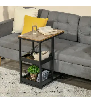 Mesa Auxiliar en Forma de C con Ruedas Estantes Abiertos y Marco de Acero para Salón Dormitorio 51x33x66cm Marrón Oscuro