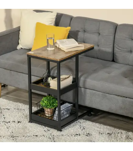 Mesa Auxiliar en Forma de C con Ruedas Estantes Abiertos y Marco de Acero para Salón Dormitorio 51x33x66cm Marrón Oscuro