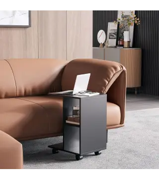 Mesa Auxiliar en Forma de C con Ruedas Estantes Abiertos para Salón Dormitorio 45x35x58 cm Negro