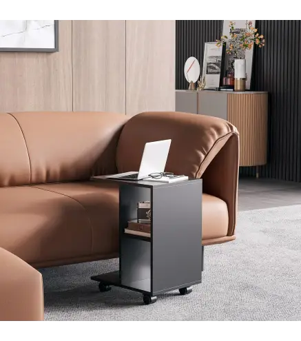 Mesa Auxiliar en Forma de C con Ruedas Estantes Abiertos para Salón Dormitorio 45x35x58 cm Negro