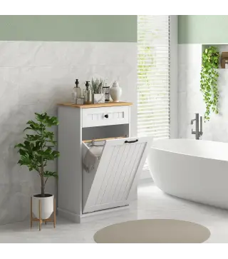 Armario de Baño con Cajón Cesto para la Ropa y Diseño Anti-vuelco Mueble de Baño Moderno 52x33x90 cm Blanco