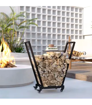 Soporte para Leña de Metal Leñero de Exterior con Ruedas y Ganchos para Herramientas 79x30x81 cm Negro