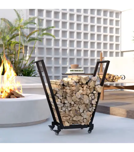 Soporte para Leña de Metal Leñero de Exterior con Ruedas y Ganchos para Herramientas 79x30x81 cm Negro