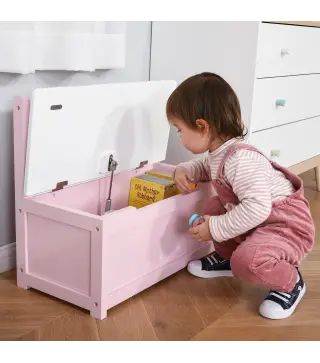 Banco Almacenaje para Ninos con Respaldo y Tapa Amortiguadora Carga 40 kg para Salas de Juego 60x30x50 cm Rosa y Blanco