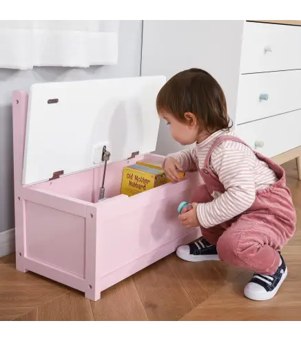 Banco Almacenaje para Niños con Respaldo y Tapa Amortiguadora Carga 40 kg para Salas de Juego 60x30x50 cm Rosa y Blanco