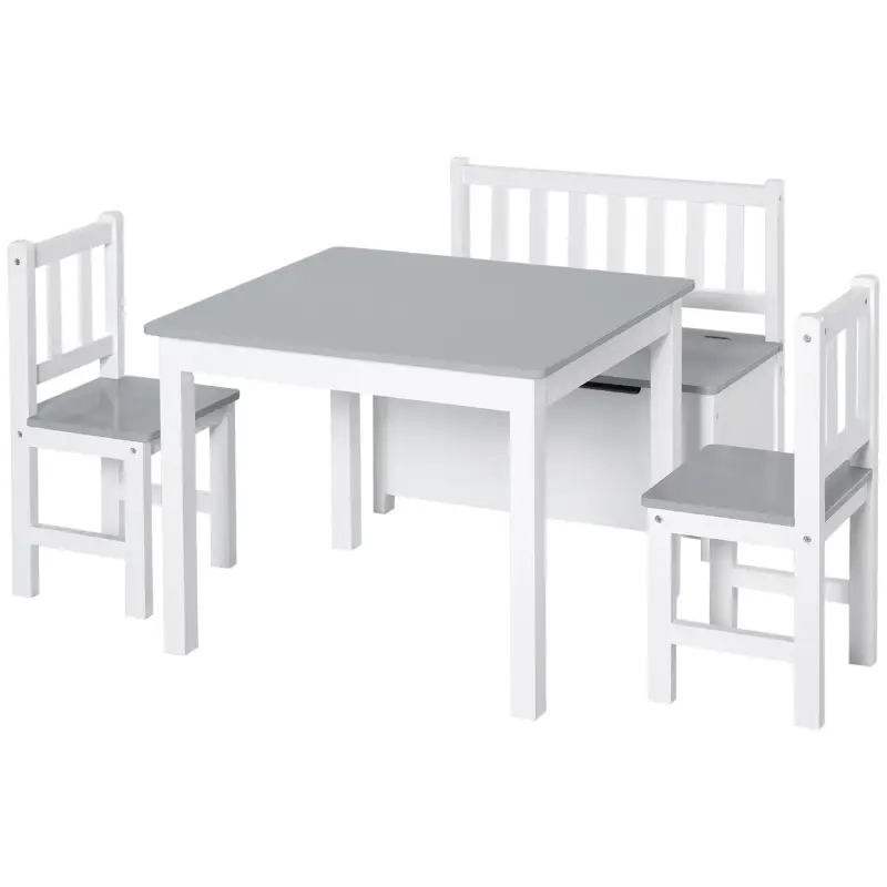 Mesa Infantil con 2 Sillas y Banco Juego de Muebles para Actividades para Niños de +3 Años para Dormitorio Gris y Blanco