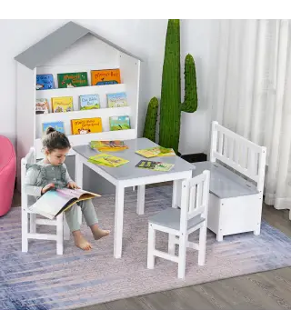 Mesa Infantil con 2 Sillas y Banco Juego de Muebles para Actividades para Niños de +3 Años para Dormitorio Gris y Blanco