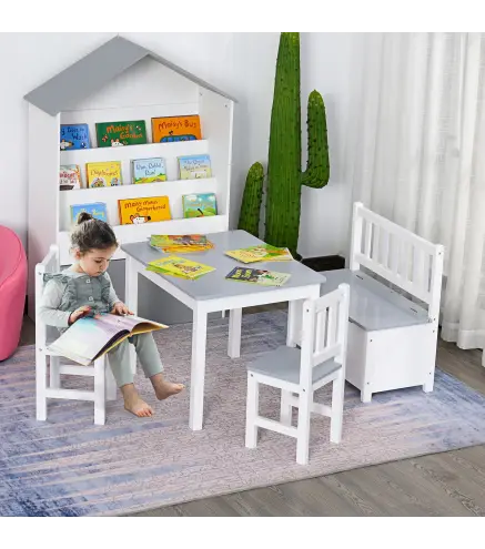 Mesa Infantil con 2 Sillas y Banco Juego de Muebles para Actividades para Niños de +3 Años para Dormitorio Gris y Blanco