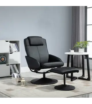 Sillón Reclinable con Reposapiés con Tapizado en PU y Estructura de Acero Carga 120 kg Negro