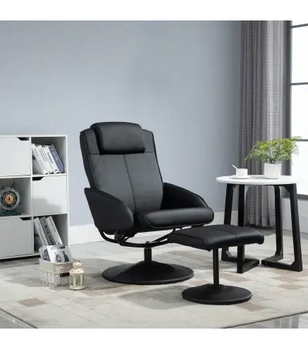 Sillón Reclinable con Reposapiés con Tapizado en PU y Estructura de Acero Carga 120 kg Negro