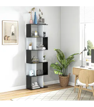Estantería en Forma de S Alta con 5 Estantes Diseño Moderno para Salón Oficina 60x24x184,5cm Blanco y Negro