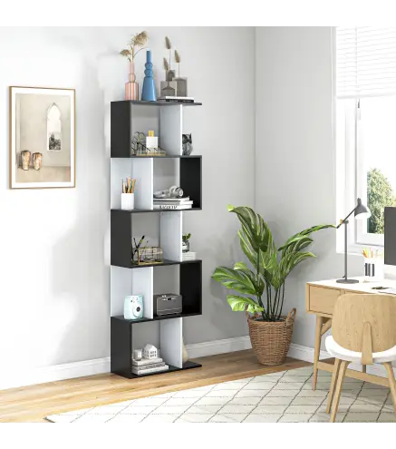Estantería en Forma de S Alta con 5 Estantes Diseño Moderno para Salón Oficina 60x24x184,5cm Blanco y Negro