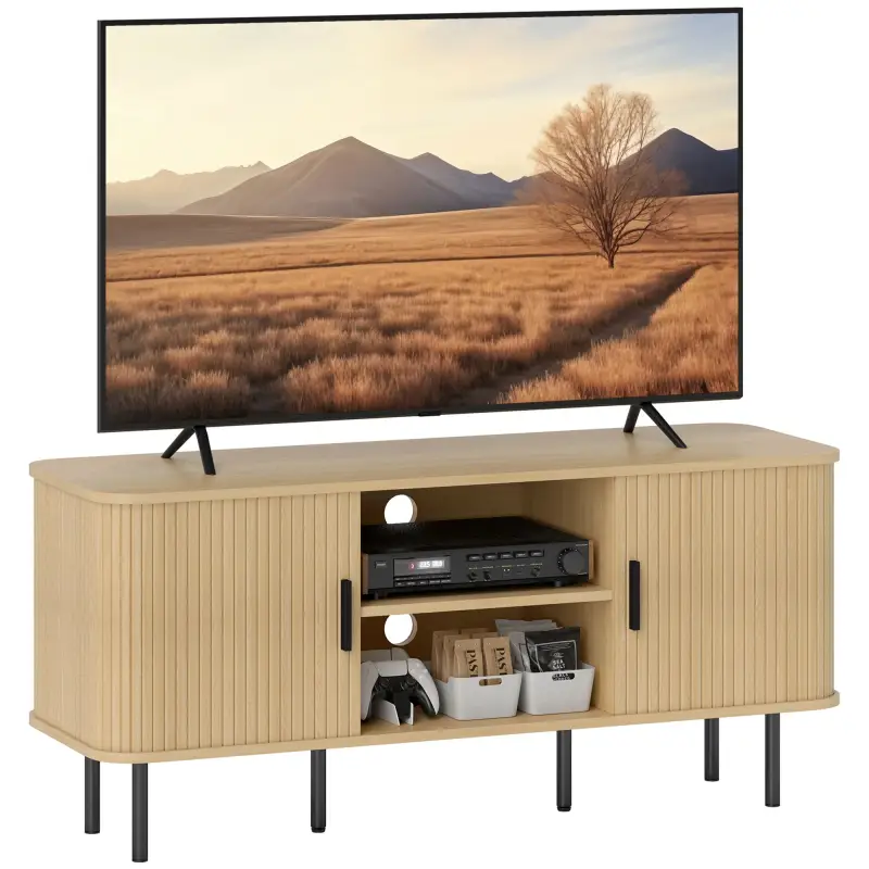 Mesa de TV con 2 Puertas Correderas Tipo Persiana 2 Estantes Abiertos para Televisores de 55 Pulgadas 120x40x55 cm Roble