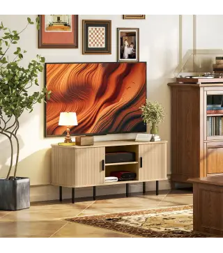 Mesa de TV con 2 Puertas Correderas Tipo Persiana 2 Estantes Abiertos para Televisores de 55 Pulgadas 120x40x55 cm Roble