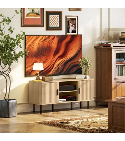 Mesa de TV con 2 Puertas Correderas Tipo Persiana 2 Estantes Abiertos para Televisores de 55 Pulgadas 120x40x55 cm Roble