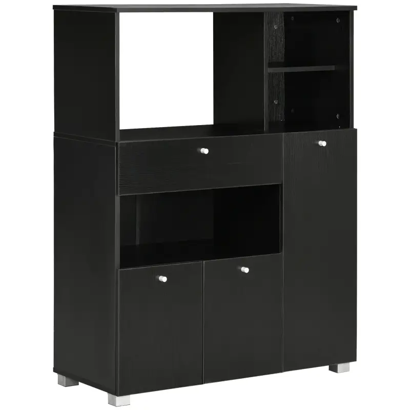 Mueble para Microondas con Cajón Estantes 3 Puertas 3 Compartimientos Diseño Anti-vuelco para Comedor 90x40x120 cm Negro