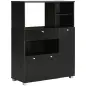 Mueble para Microondas con Cajón Estantes 3 Puertas 3 Compartimientos Diseño Anti-vuelco para Comedor 90x40x120 cm Negro