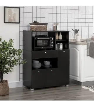 Mueble para Microondas con Cajón Estantes 3 Puertas 3 Compartimientos Diseño Anti-vuelco para Comedor 90x40x120 cm Negro