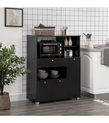 Mueble para Microondas con Cajón Estantes 3 Puertas 3 Compartimientos Diseño Anti-vuelco para Comedor 90x40x120 cm Negro