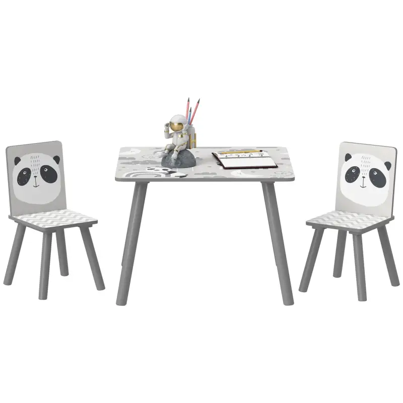 Set de Mesa y 2 Sillas Conjunto de Muebles Infantiles de 3 Piezas para Niños de +3 Años con Cenefa y Panda Gris y Blanco