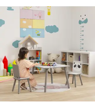 Set de Mesa y 2 Sillas Conjunto de Muebles Infantiles de 3 Piezas para Niños de +3 Años con Cenefa y Panda Gris y Blanco