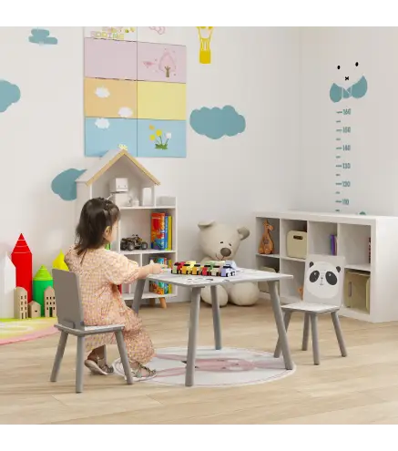 Set de Mesa y 2 Sillas Conjunto de Muebles Infantiles de 3 Piezas para Niños de +3 Años con Cenefa y Panda Gris y Blanco