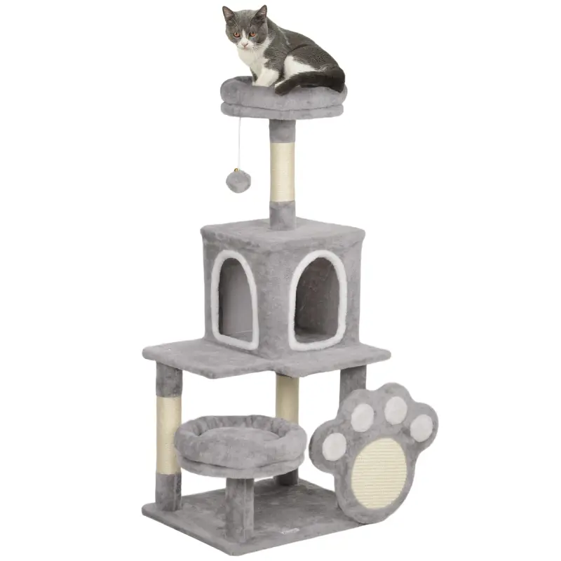 Árbol para gatos 110 cm Torre para Gatos con Nidos Cueva Plataforma Almohadilla de Rascado Bola Colgante Gris Claro