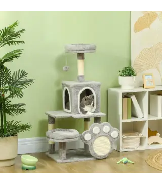 Árbol para gatos 110 cm Torre para Gatos con Nidos Cueva Plataforma Almohadilla de Rascado Bola Colgante Gris Claro