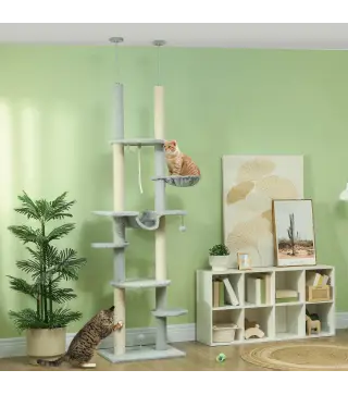 Árbol para Gatos de Suelo a Techo 225-255 cm con Hamacas Plataformas Juguete de Cuerda Bola de Juguete Gris