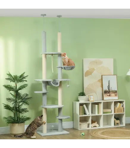Árbol para Gatos de Suelo a Techo 225-255 cm con Hamacas Plataformas Juguete de Cuerda Bola de Juguete Gris