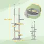 Árbol para Gatos de Suelo a Techo 225-255 cm con Hamacas Plataformas Juguete de Cuerda Bola de Juguete Gris