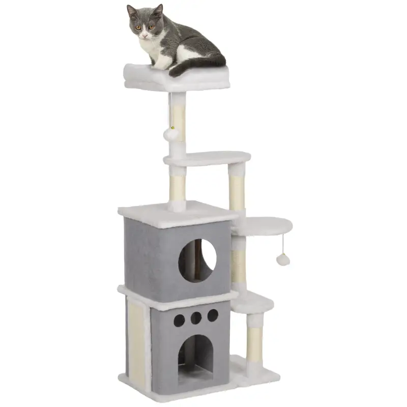 Rascador para Gatos 126 cm Torre para Gatos con Nidos Plataformas Bolas Colgantes y Postes de Sisal Crema