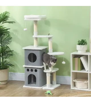 Rascador para Gatos 126 cm Torre para Gatos con Nidos Plataformas Bolas Colgantes y Postes de Sisal Crema