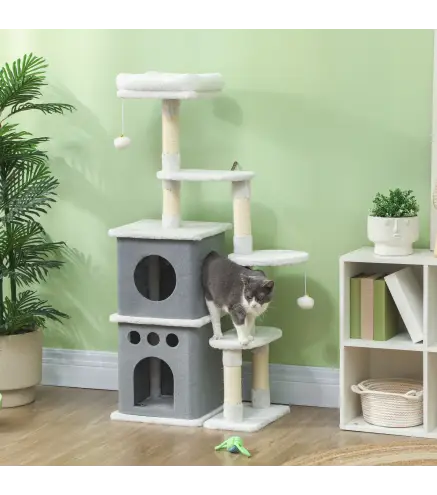 Rascador para Gatos 126 cm Torre para Gatos con Nidos Plataformas Bolas Colgantes y Postes de Sisal Crema