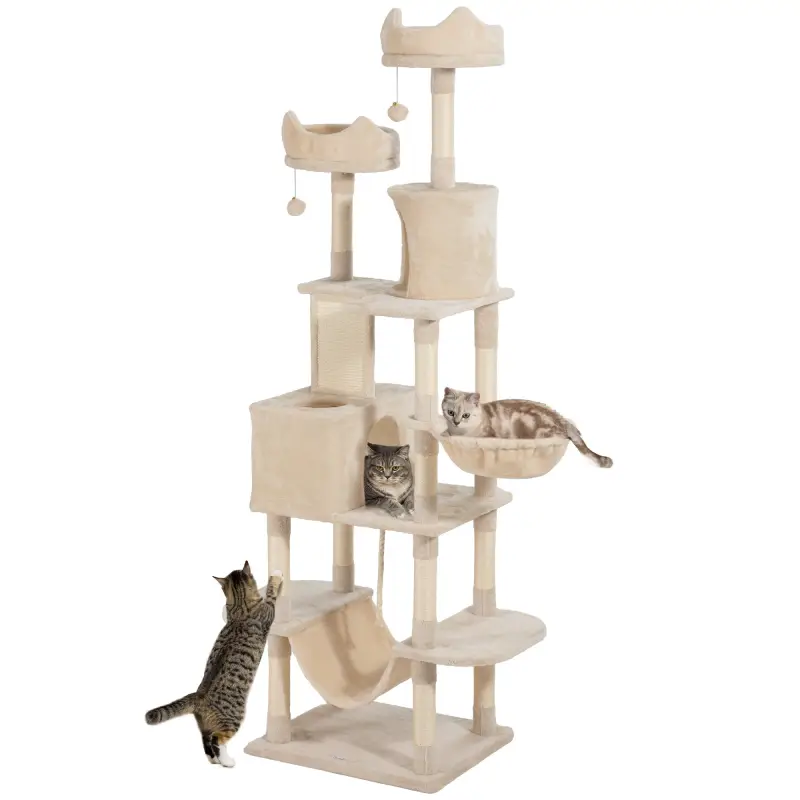 Árbol Rascador para Gatos Grande Altura 206 cm con Múltiples Niveles Cuevas Bolas Colgantes y Hamacas Beige