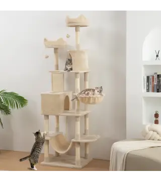 Árbol Rascador para Gatos Grande Altura 206 cm con Múltiples Niveles Cuevas Bolas Colgantes y Hamacas Beige