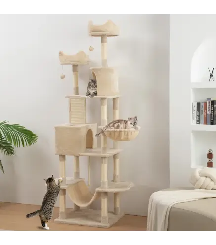 Árbol Rascador para Gatos Grande Altura 206 cm con Múltiples Niveles Cuevas Bolas Colgantes y Hamacas Beige