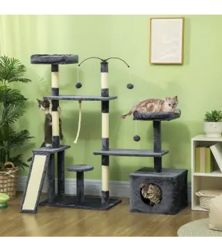 Rascador para Gatos 134 cm Torre para Gatos con Nidos Plataformas Bolas de Juguete y Postes de Sisal Gris Oscuro