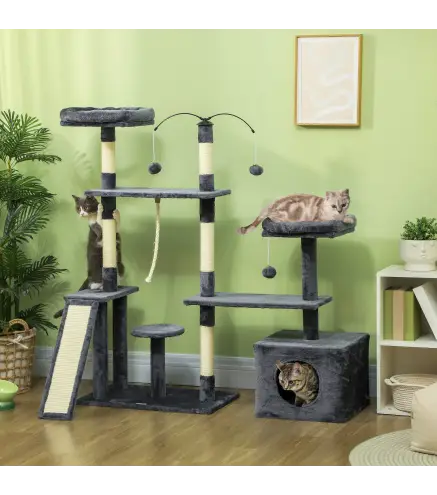 Rascador para Gatos 134 cm Torre para Gatos con Nidos Plataformas Bolas de Juguete y Postes de Sisal Gris Oscuro