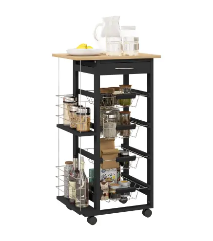 Carrito de Cocina con Ruedas Carrito Multiusos con Cajón 4 Cestas Extraíbles de Metal y Bastidores 47x37x83 cm Negro