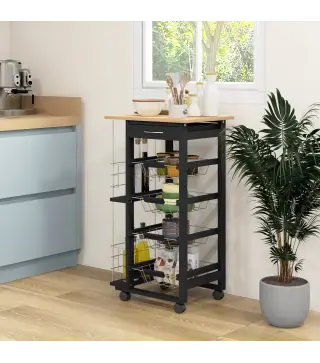 Carrito de Cocina con Ruedas Carrito Multiusos con Cajón 4 Cestas Extraíbles de Metal y Bastidores 47x37x83 cm Negro