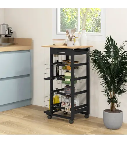 Carrito de Cocina con Ruedas Carrito Multiusos con Cajón 4 Cestas Extraíbles de Metal y Bastidores 47x37x83 cm Negro