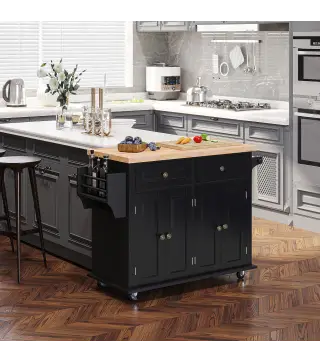 Isla de Cocina con Ruedas Mueble Auxiliar de Cocina con Especiero y Barra Lateral 111x44,5x82,5 cm Negro