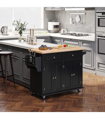 Isla de Cocina con Ruedas Mueble Auxiliar de Cocina con Especiero y Barra Lateral 111x44,5x82,5 cm Negro